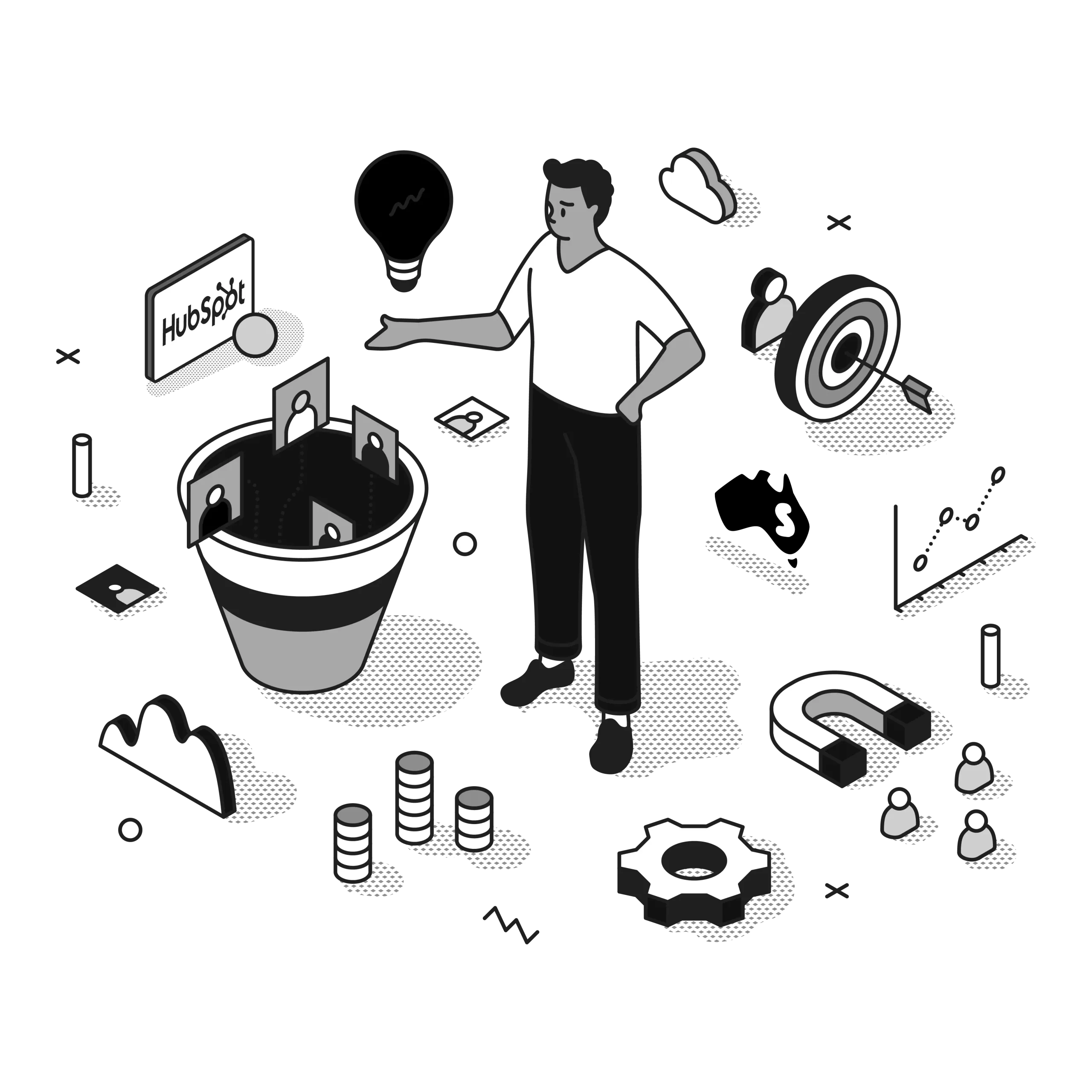 hubspot coaching illustrations in black and white