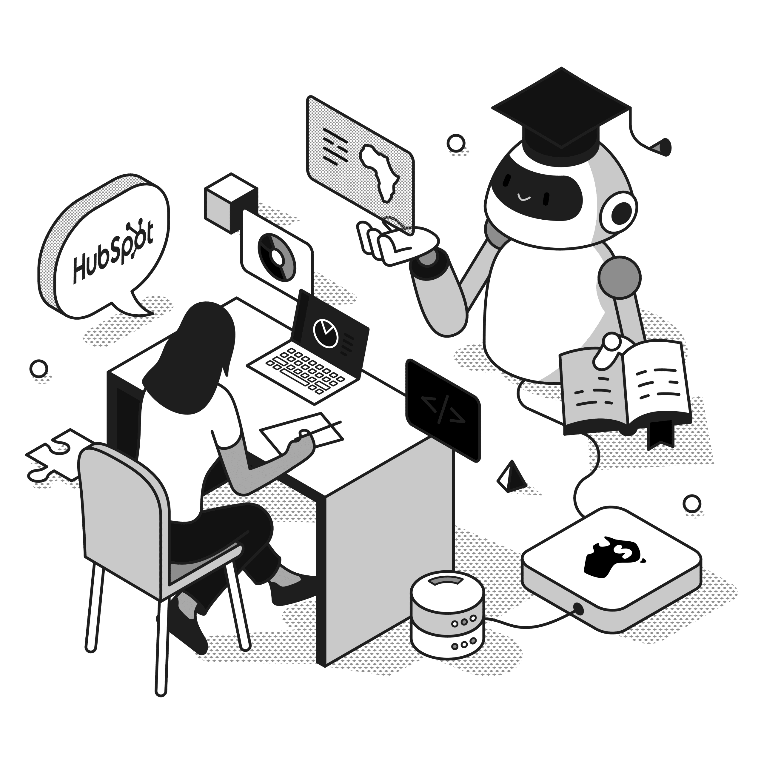 hubspot solutions illustration in black and white