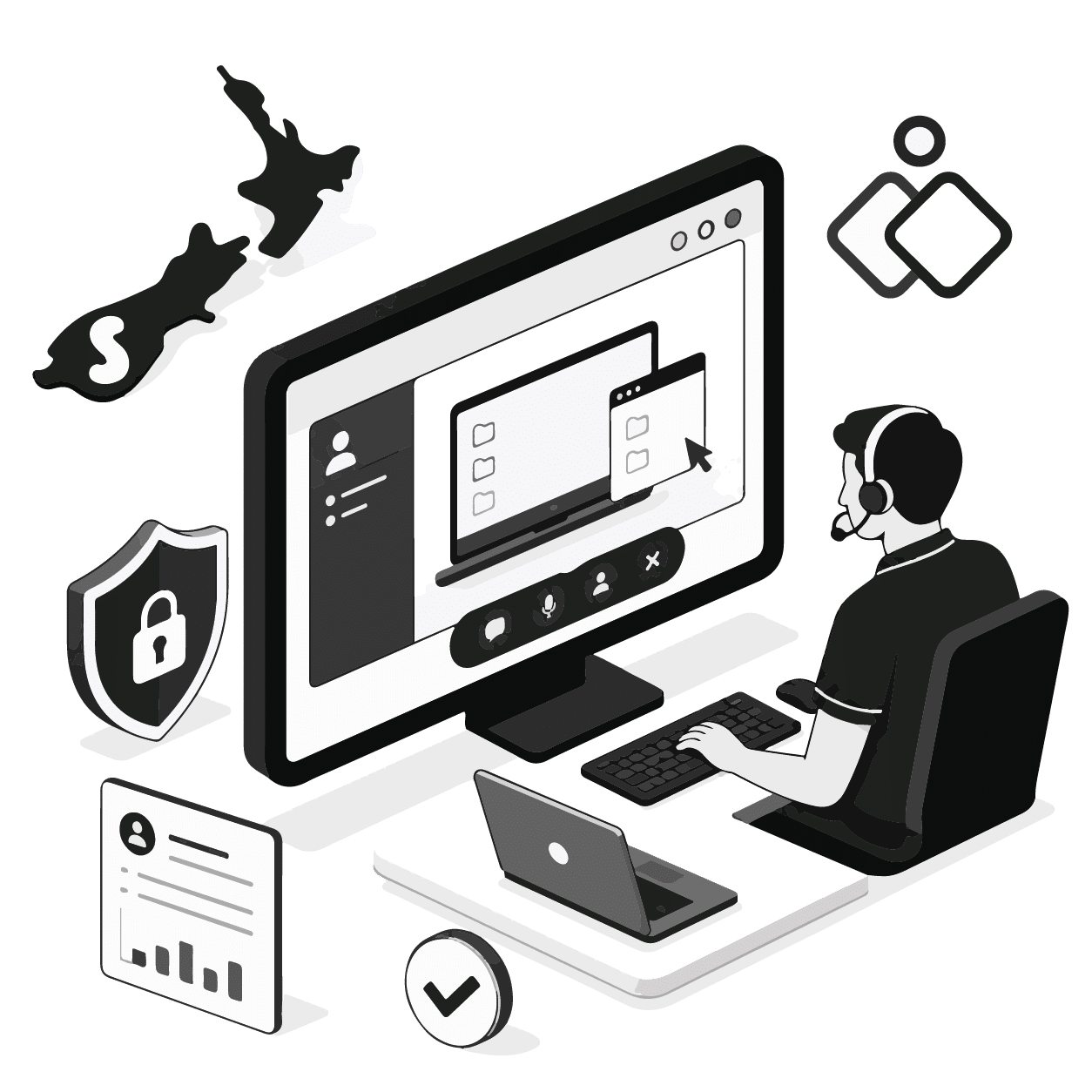 Zoho Assist Setup NZ Illustration Black and White