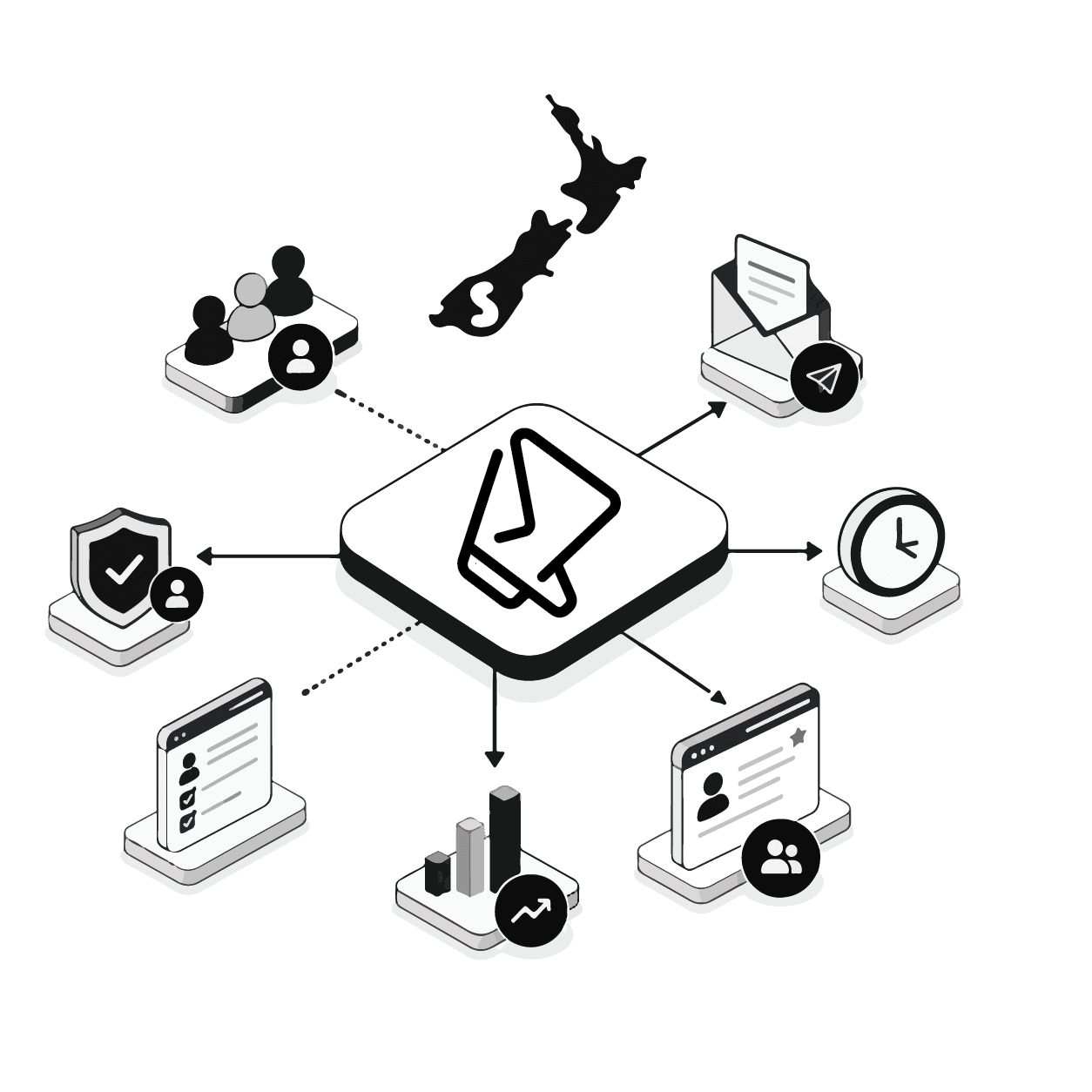 Zoho Campaigns Setup NZ Illustration Black and White