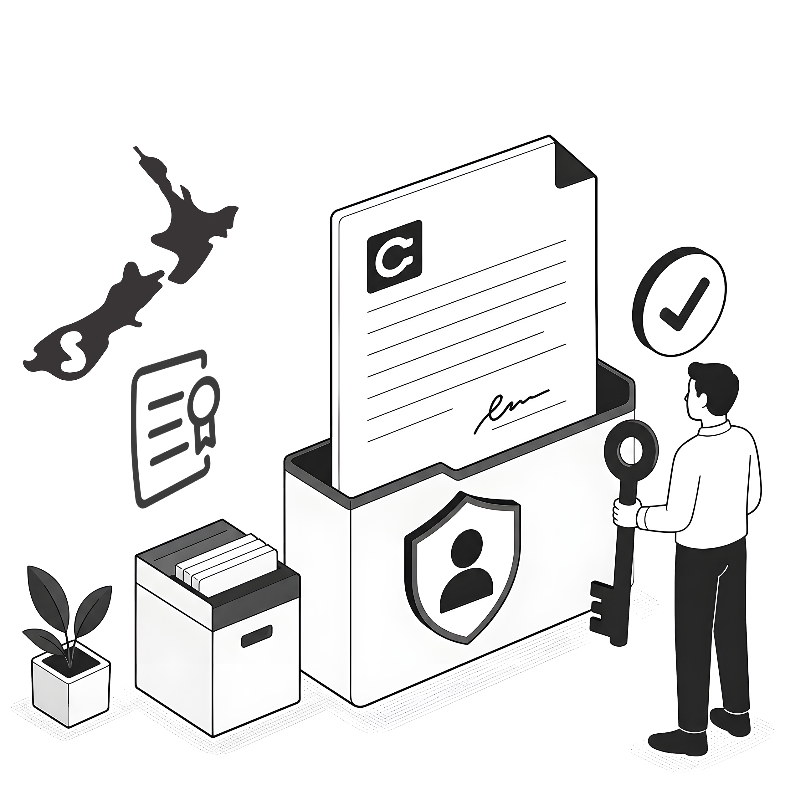 Zoho Contracts implementation NZ illustration black and white