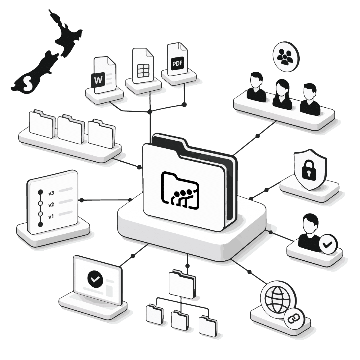 Zoho WorkDrive Setup NZ_Illustration Black and White
