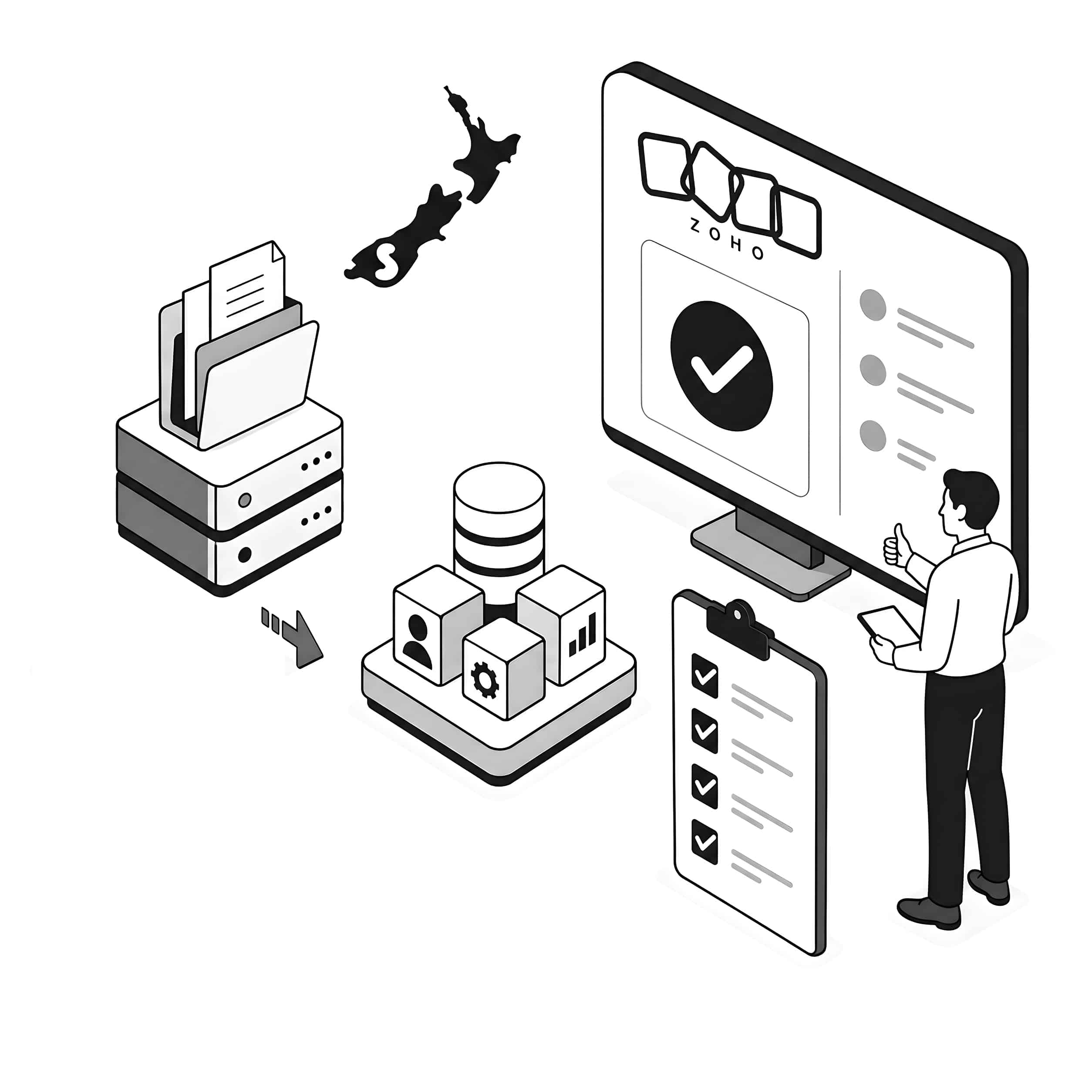 Zoho migration consultant NZ illustration black and white